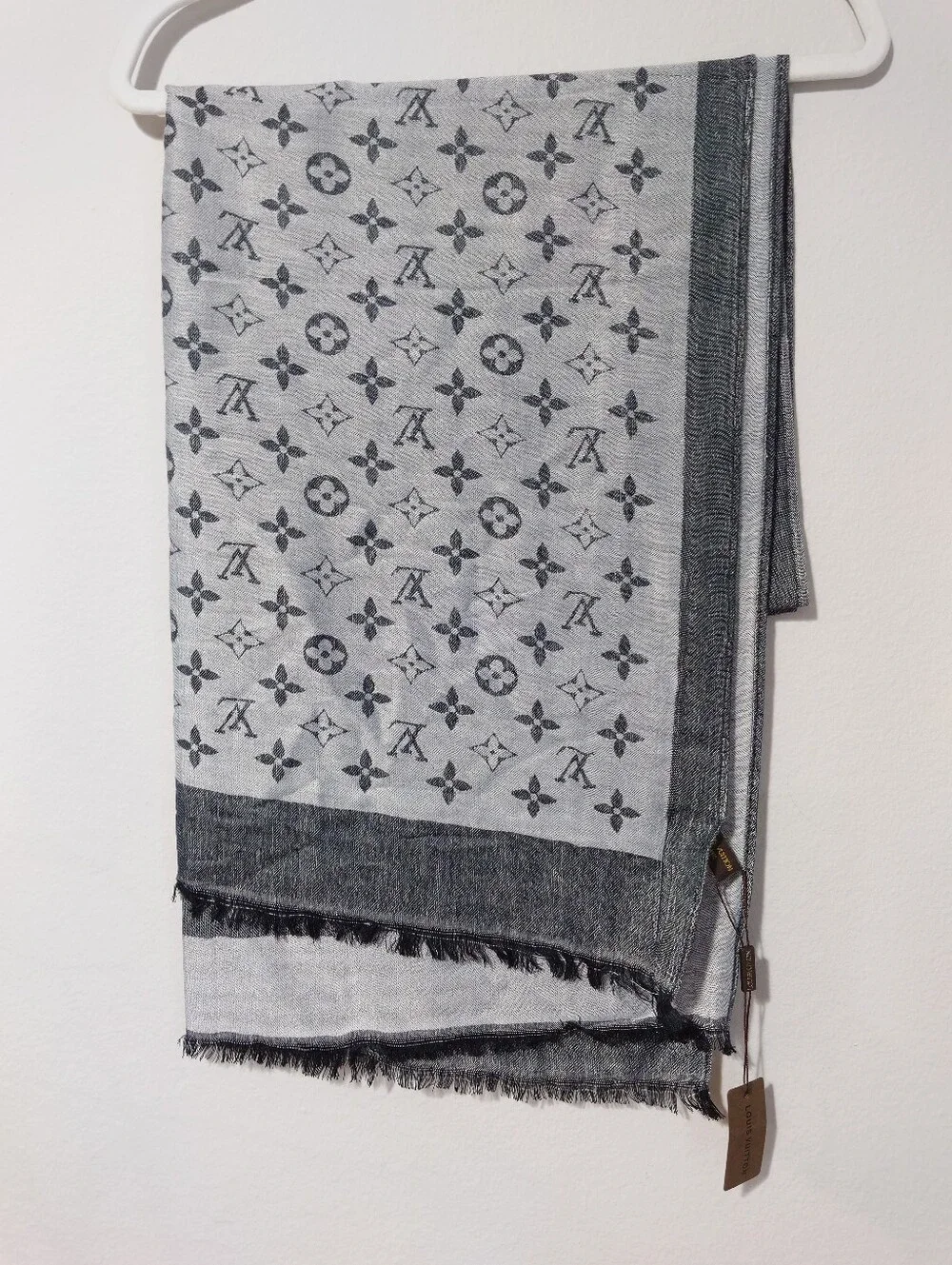 Monogram Inspired Gray & Black Silk Scarf Wrap Shawl